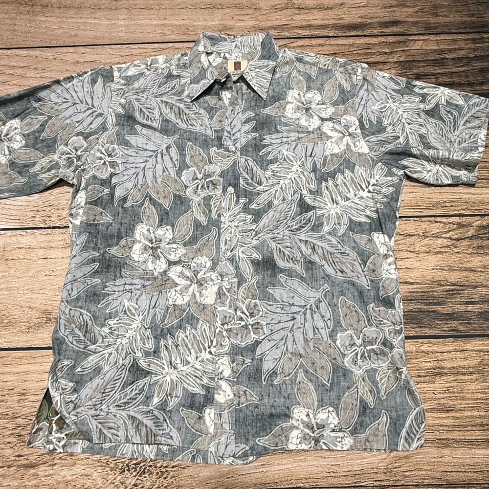 Tori Richard Button Down Shirt Mens Large Gray Floral Leaf Hawaii 0500R 5286
